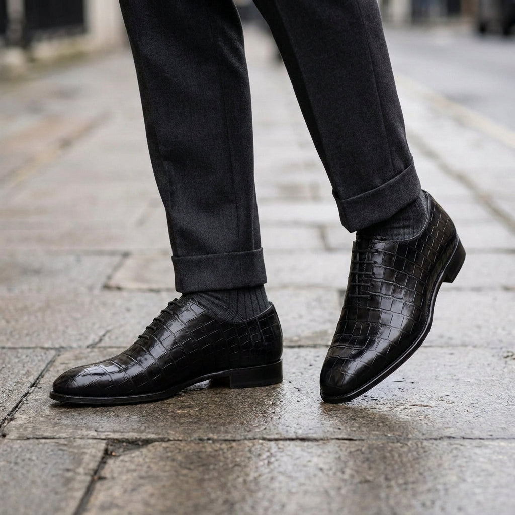 Black Crocodile-Print Leather Alberobello Wholecut Oxford with Black Leather Sole