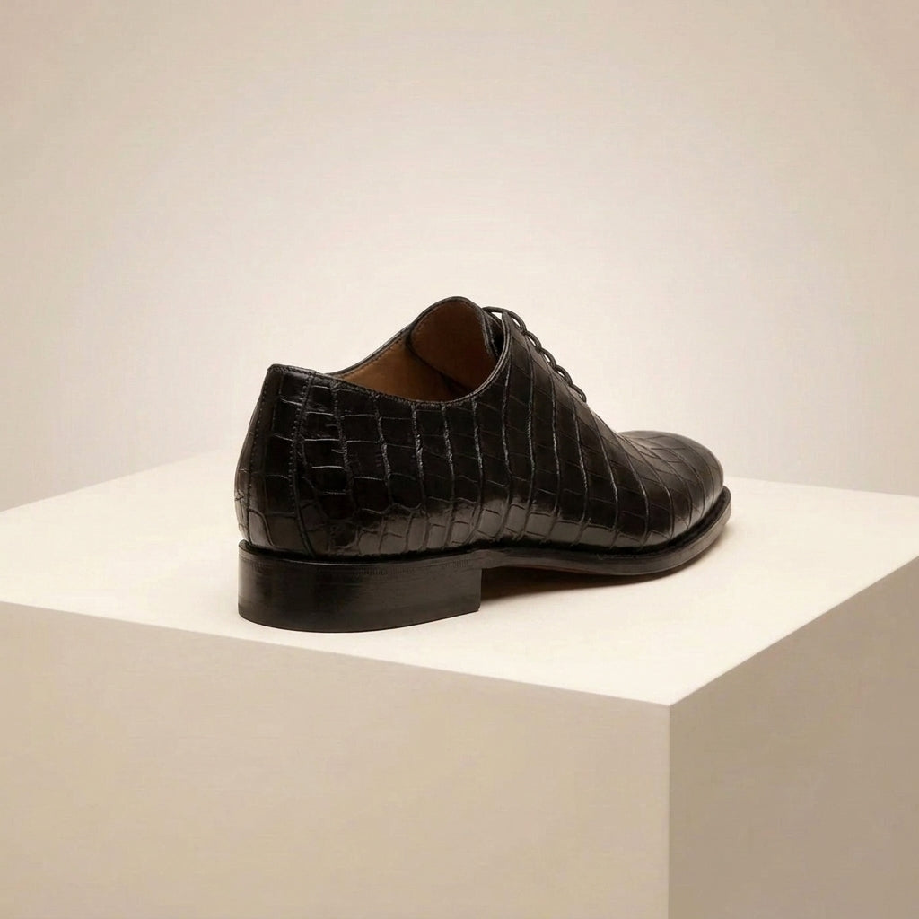Black Crocodile-Print Leather Alberobello Wholecut Oxford with Black Leather Sole