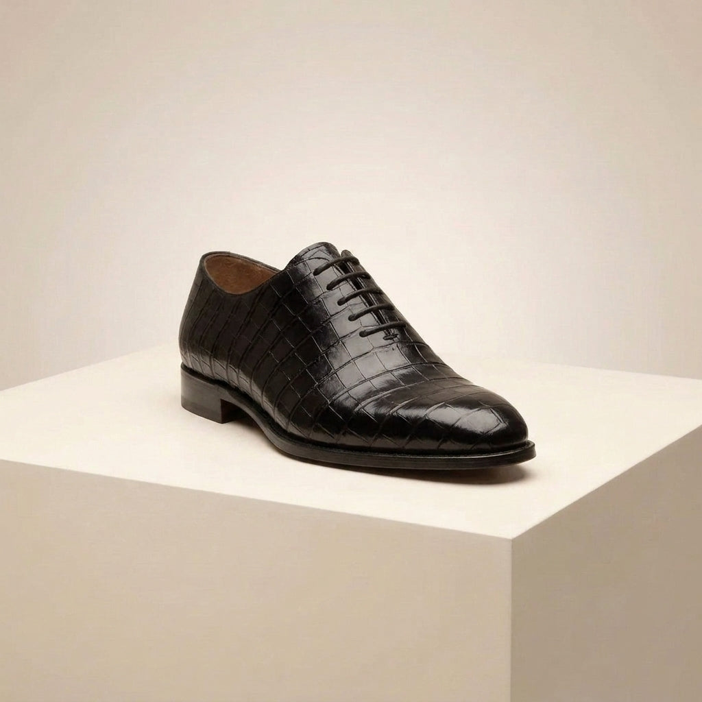 Black Crocodile-Print Leather Alberobello Wholecut Oxford with Black Leather Sole