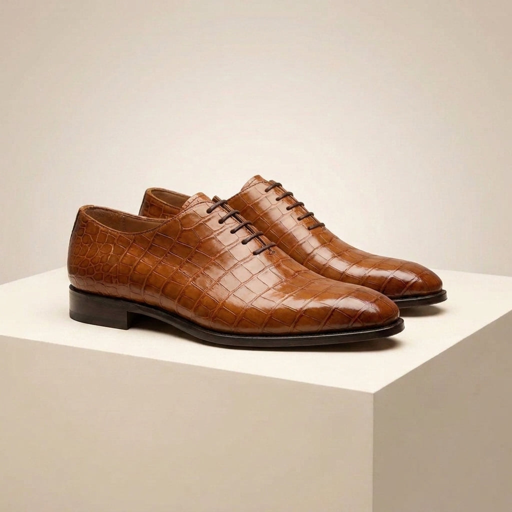Brown Crocodile-Print Leather Alberobello Wholecut Oxford with Natural Leather Sole