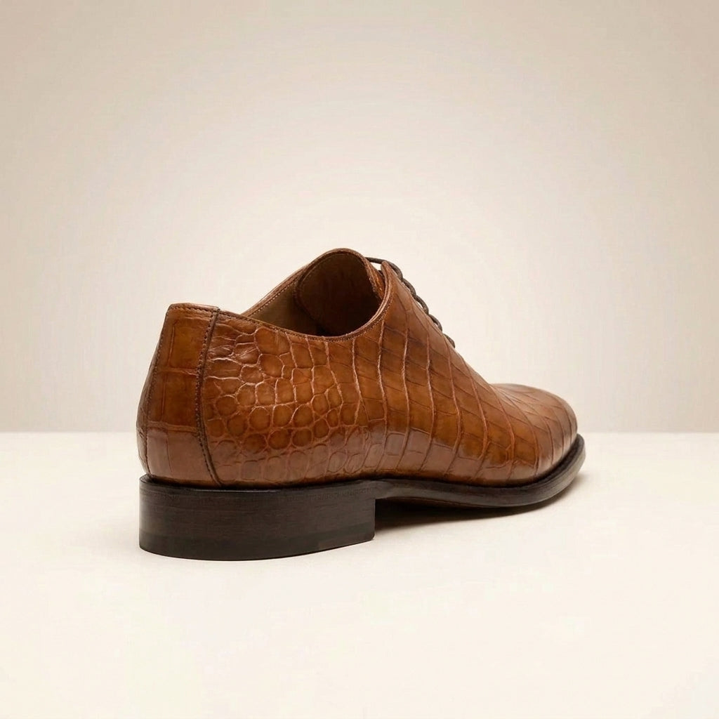 Brown Crocodile-Print Leather Alberobello Wholecut Oxford with Natural Leather Sole