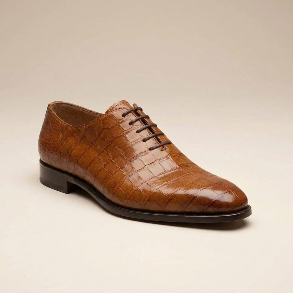 Brown Crocodile-Print Leather Alberobello Wholecut Oxford with Natural Leather Sole