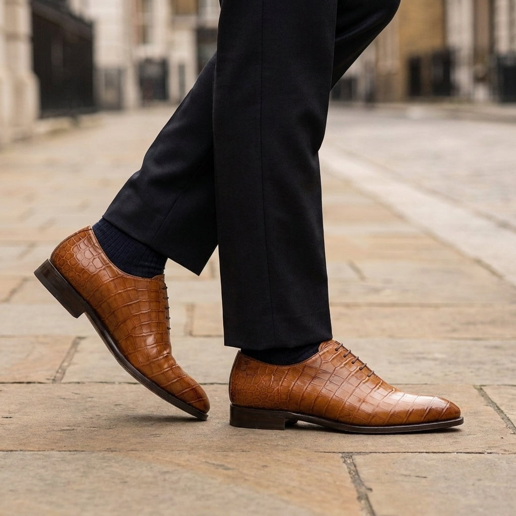 Brown Crocodile-Print Leather Alberobello Wholecut Oxford with Natural Leather Sole