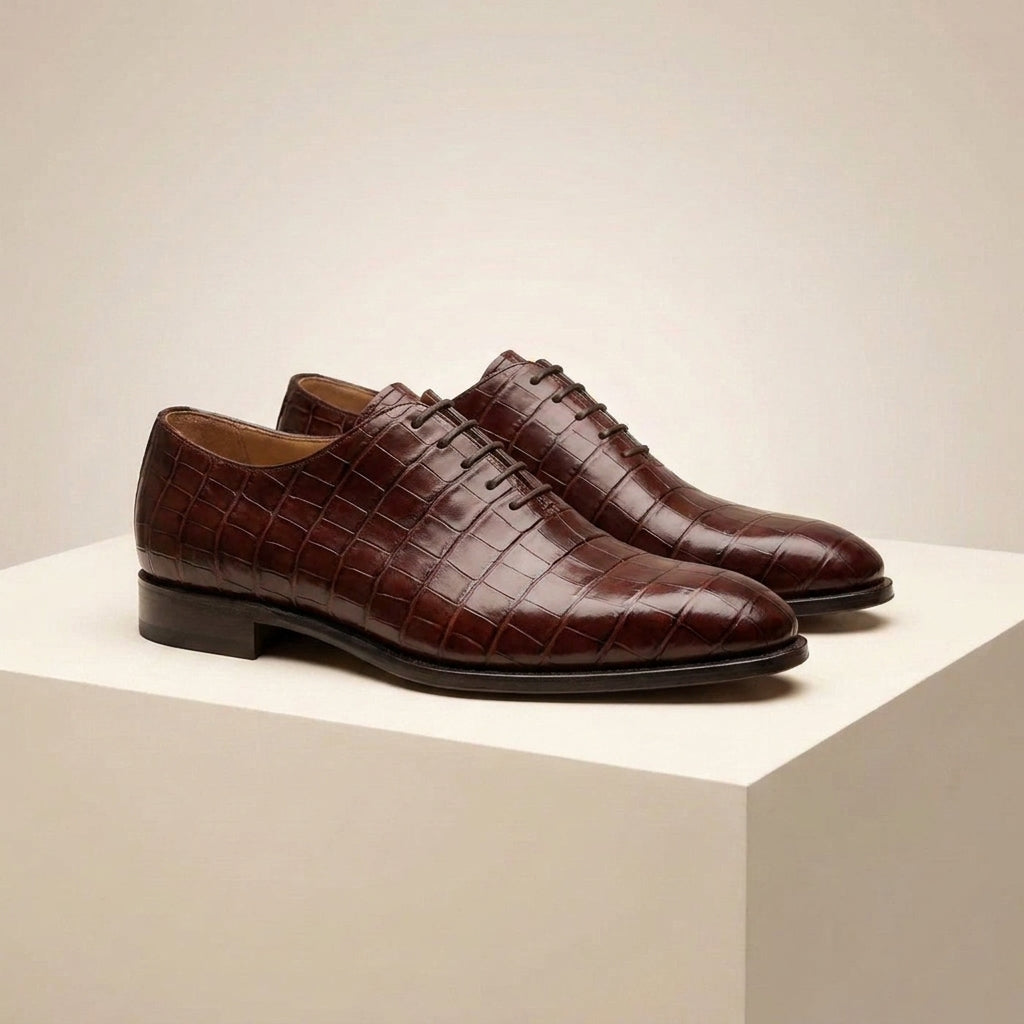 Burgundy Crocodile-Print Leather Alberobello Wholecut Oxford with Natural Leather Sole