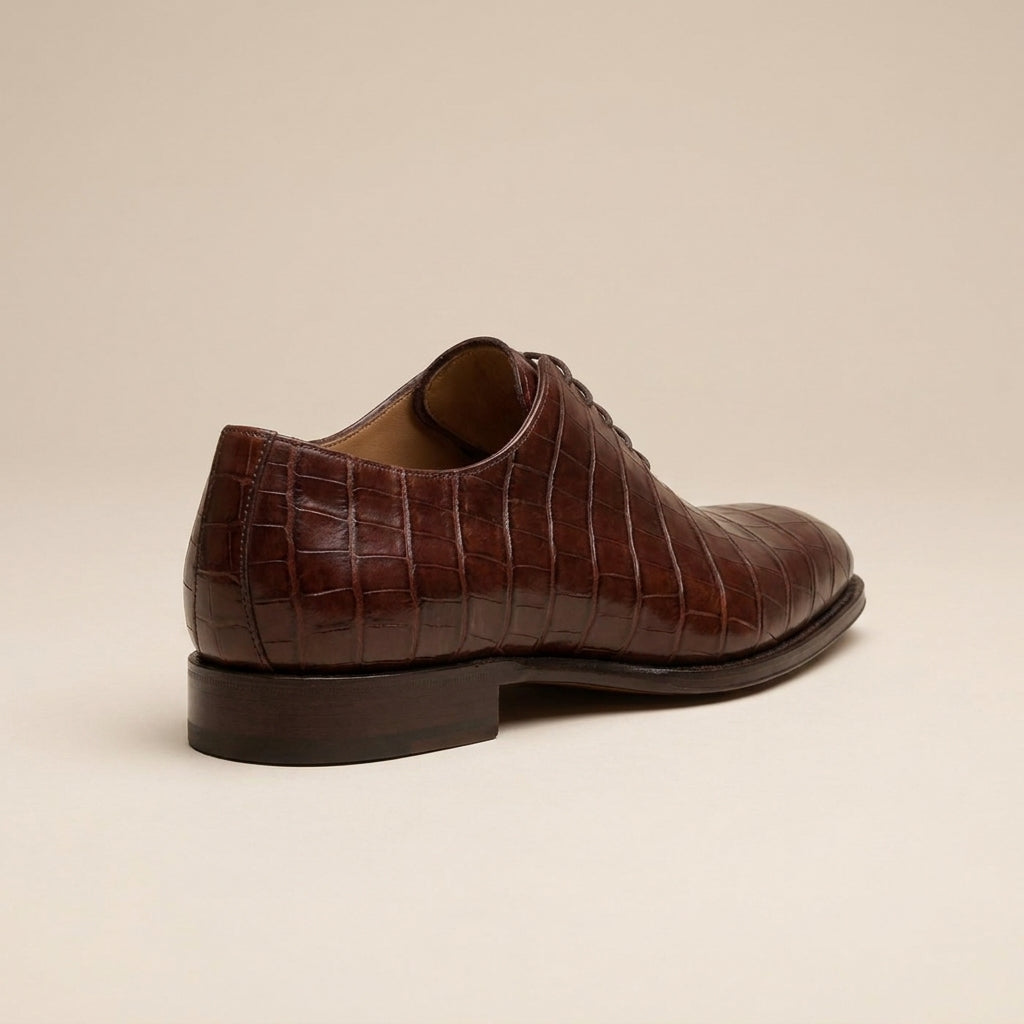 Burgundy Crocodile-Print Leather Alberobello Wholecut Oxford with Natural Leather Sole