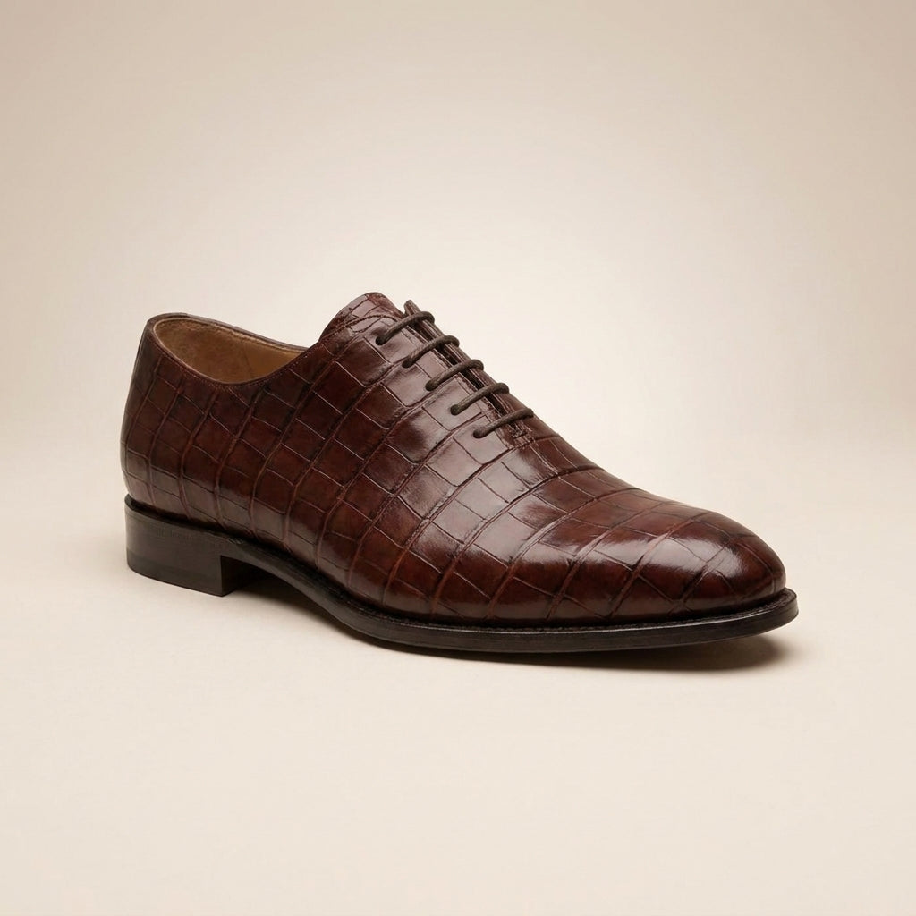 Burgundy Crocodile-Print Leather Alberobello Wholecut Oxford with Natural Leather Sole