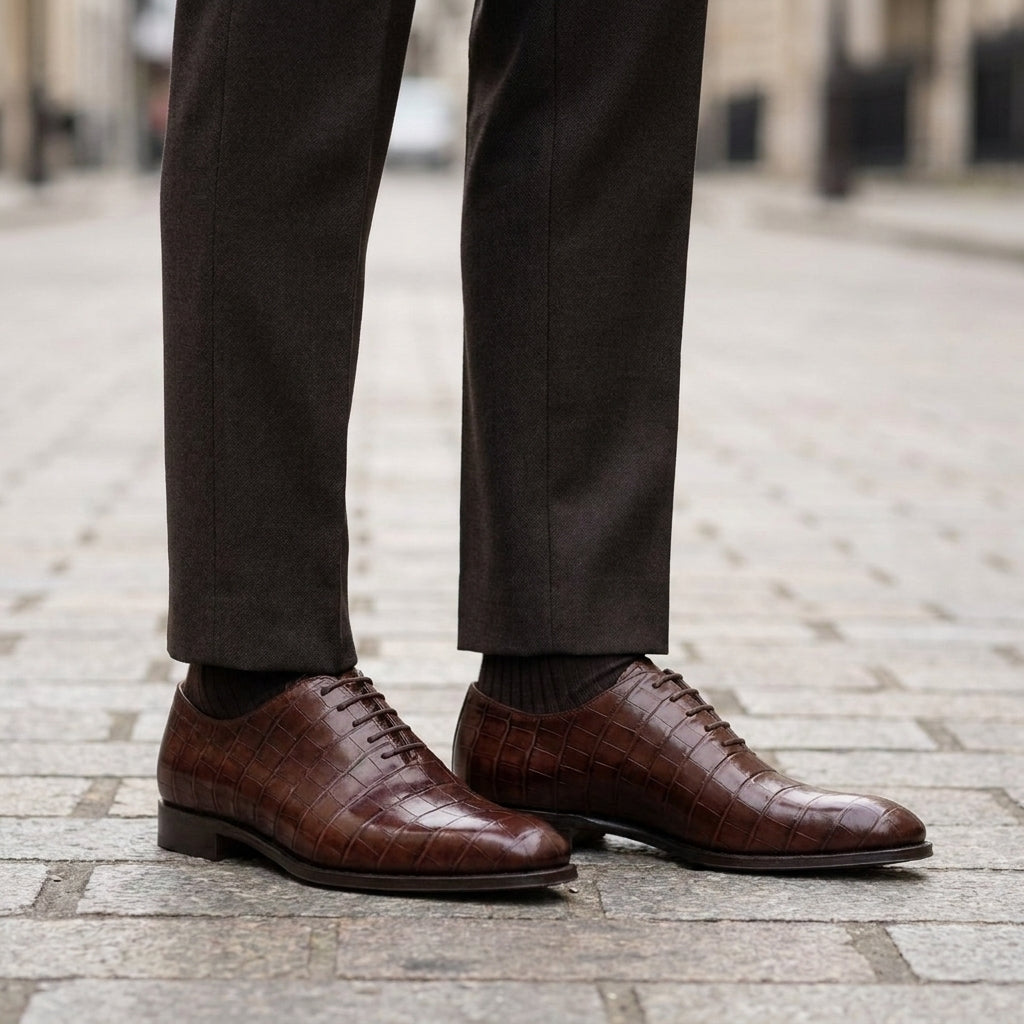 Burgundy Crocodile-Print Leather Alberobello Wholecut Oxford with Natural Leather Sole