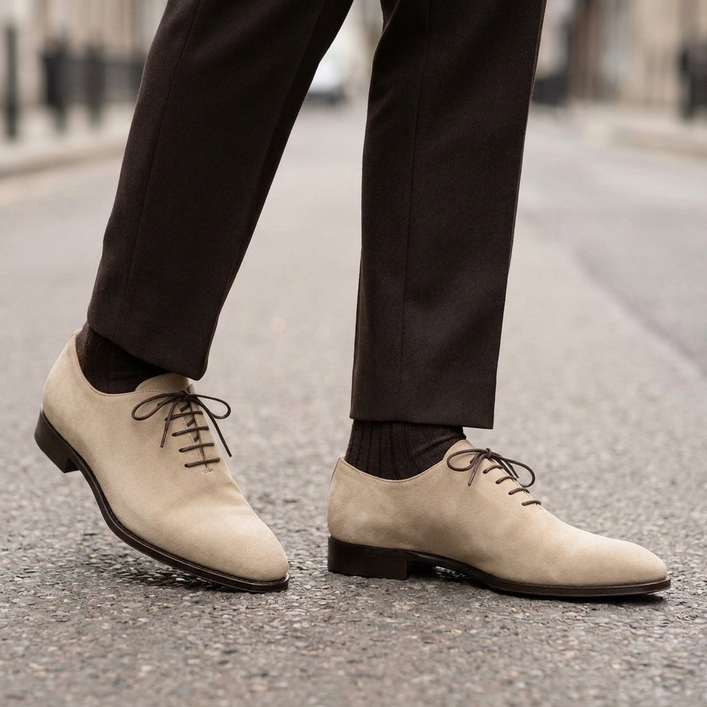 Cream Suede Alberobello Wholecut Oxford with Natural Leather Sole