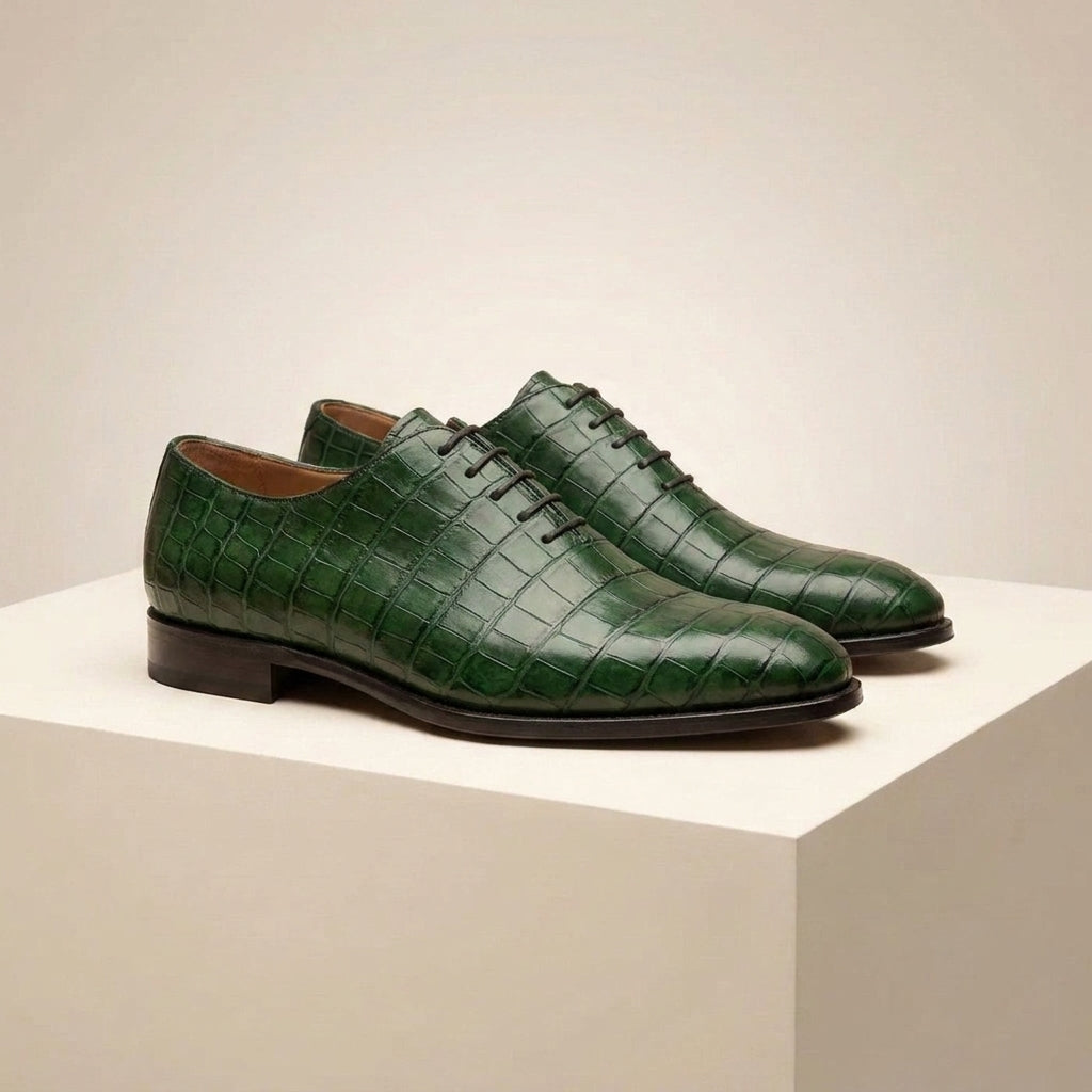 Green Crocodile-Print Leather Alberobello Wholecut Oxford with Natural Leather Sole