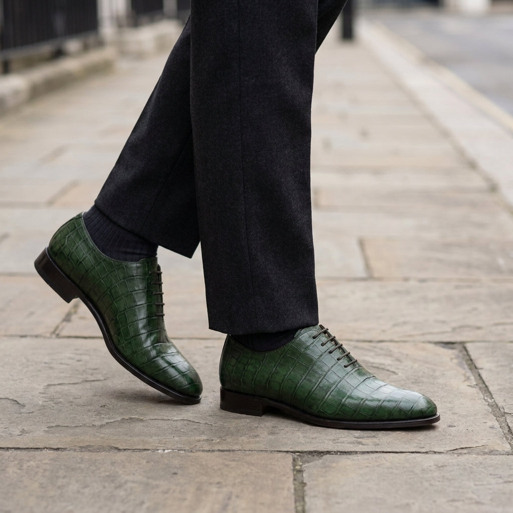 Green Crocodile-Print Leather Alberobello Wholecut Oxford with Natural Leather Sole