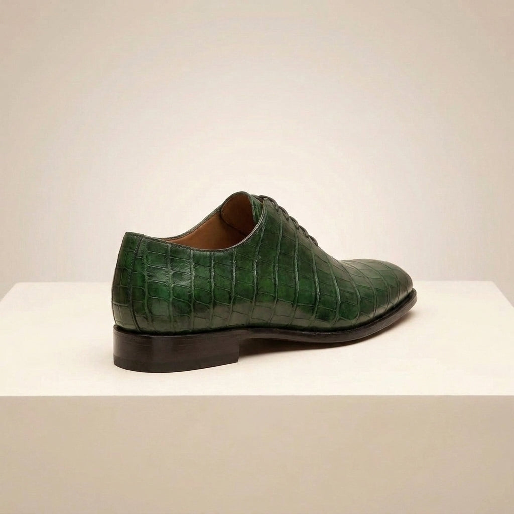 Green Crocodile-Print Leather Alberobello Wholecut Oxford with Natural Leather Sole
