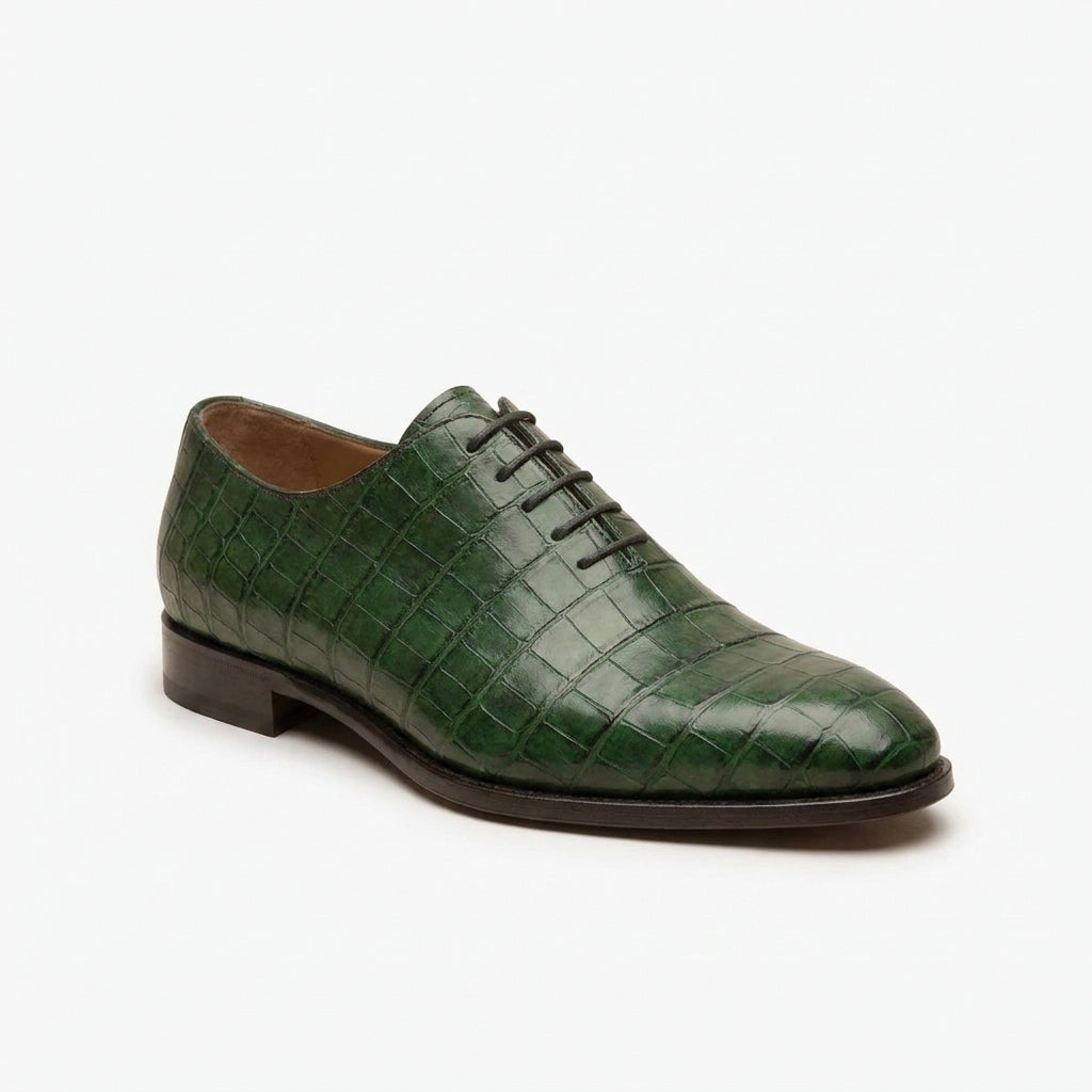 Green Crocodile-Print Leather Alberobello Wholecut Oxford with Natural Leather Sole