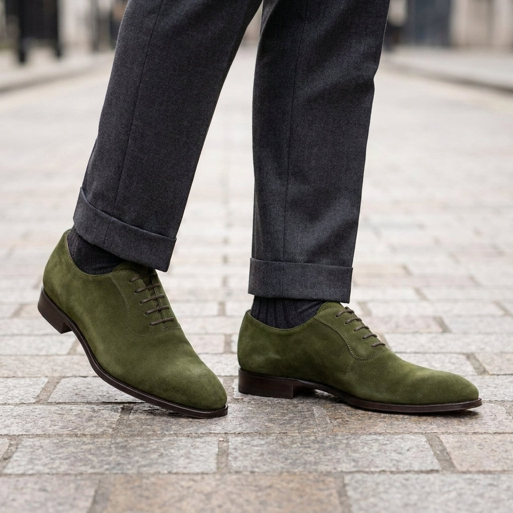 Green Suede Alberobello Wholecut Oxford with Natural Leather Sole