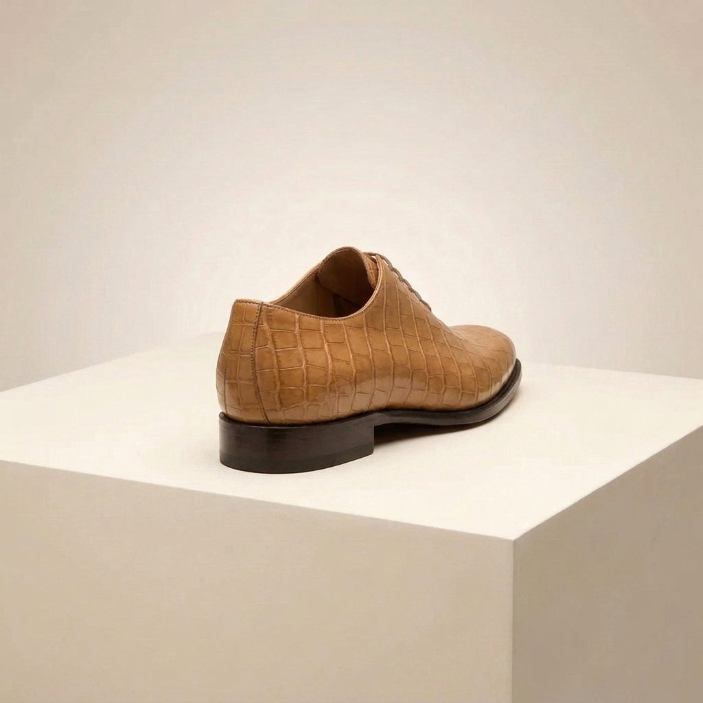 Tan Crocodile-Print Leather Alberobello Wholecut Oxford with Natural Leather Sole