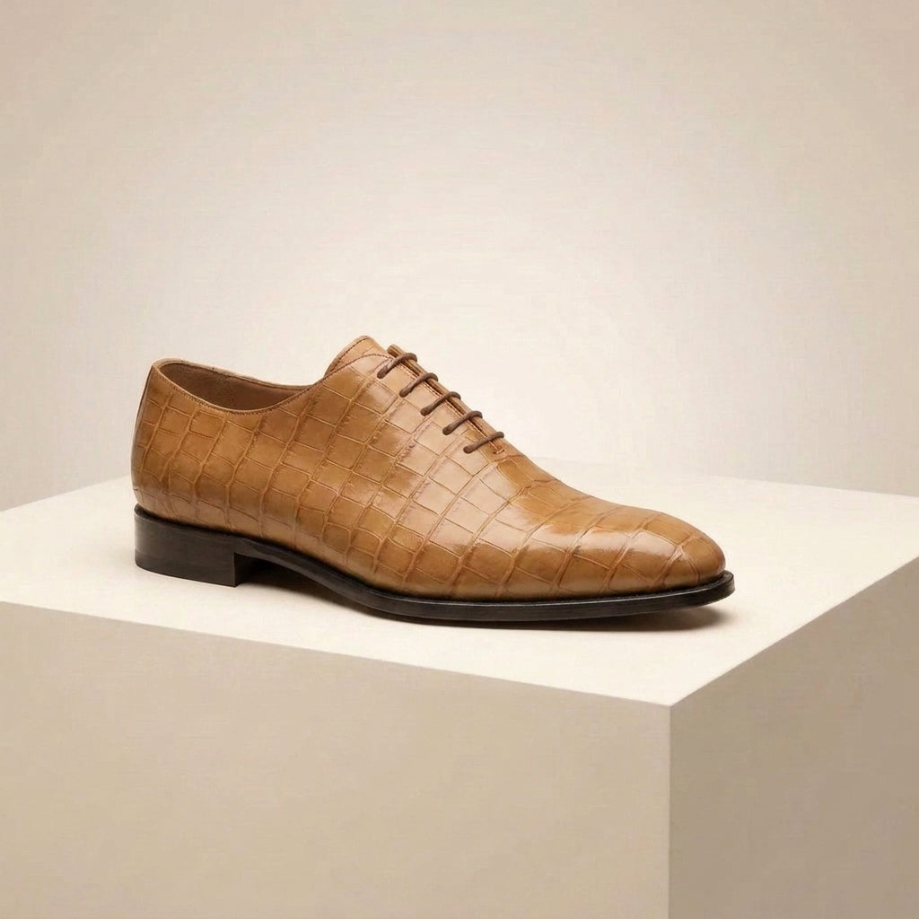 Tan Crocodile-Print Leather Alberobello Wholecut Oxford with Natural Leather Sole