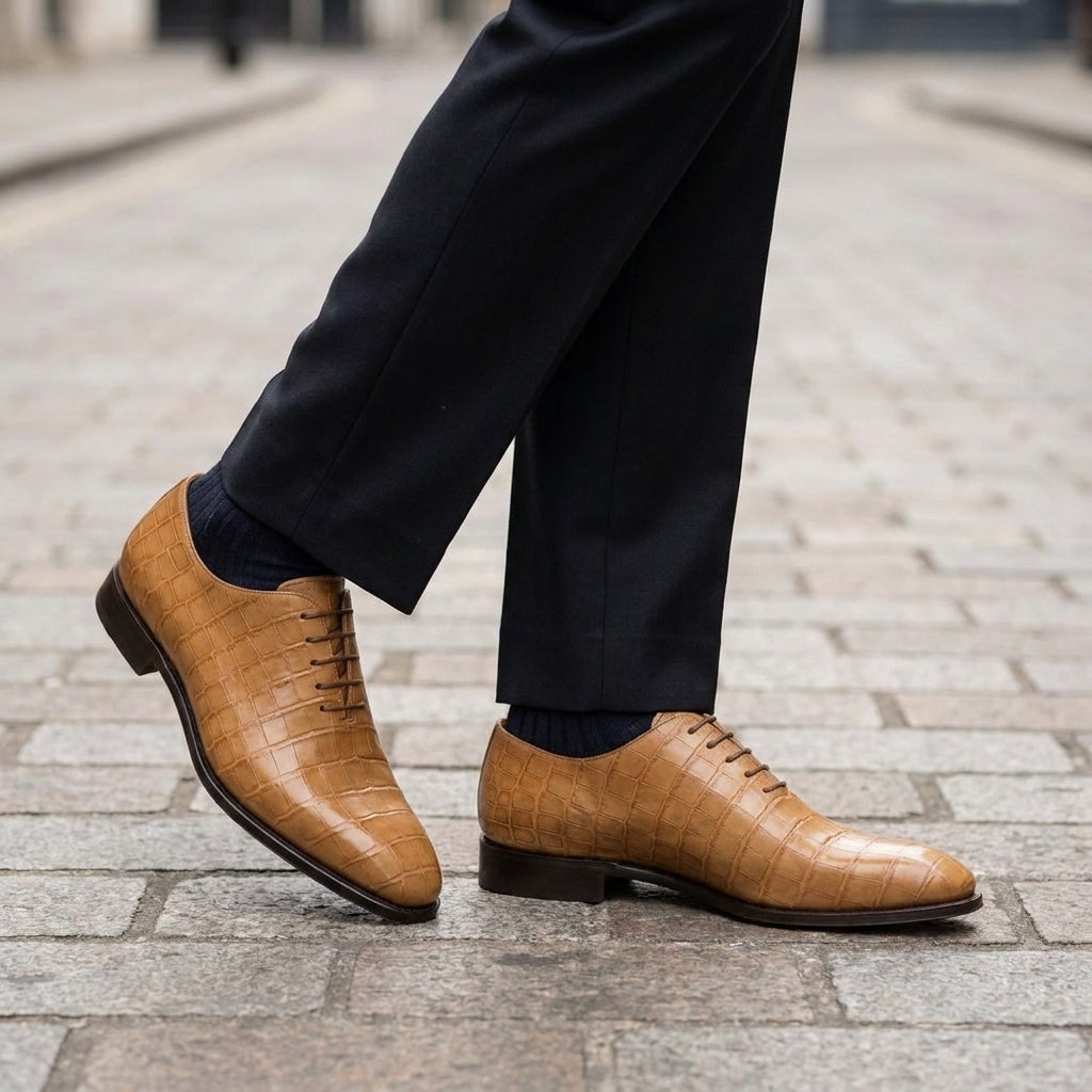 Tan Crocodile-Print Leather Alberobello Wholecut Oxford with Natural Leather Sole