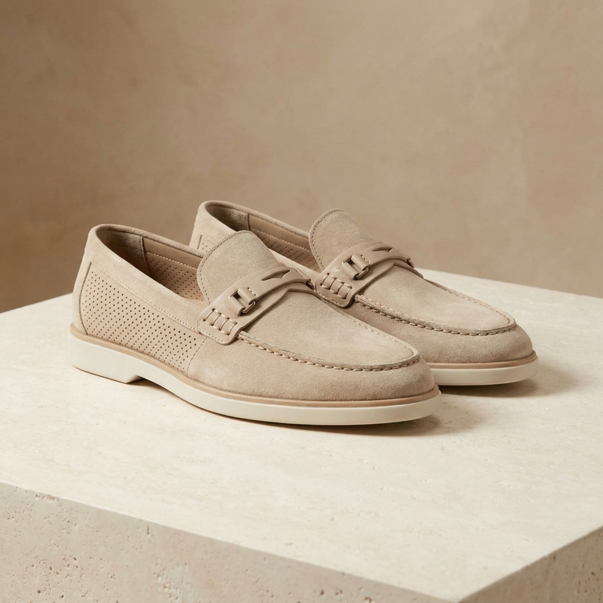 Beige Suede Mildew Loafer with White Yacht Sole