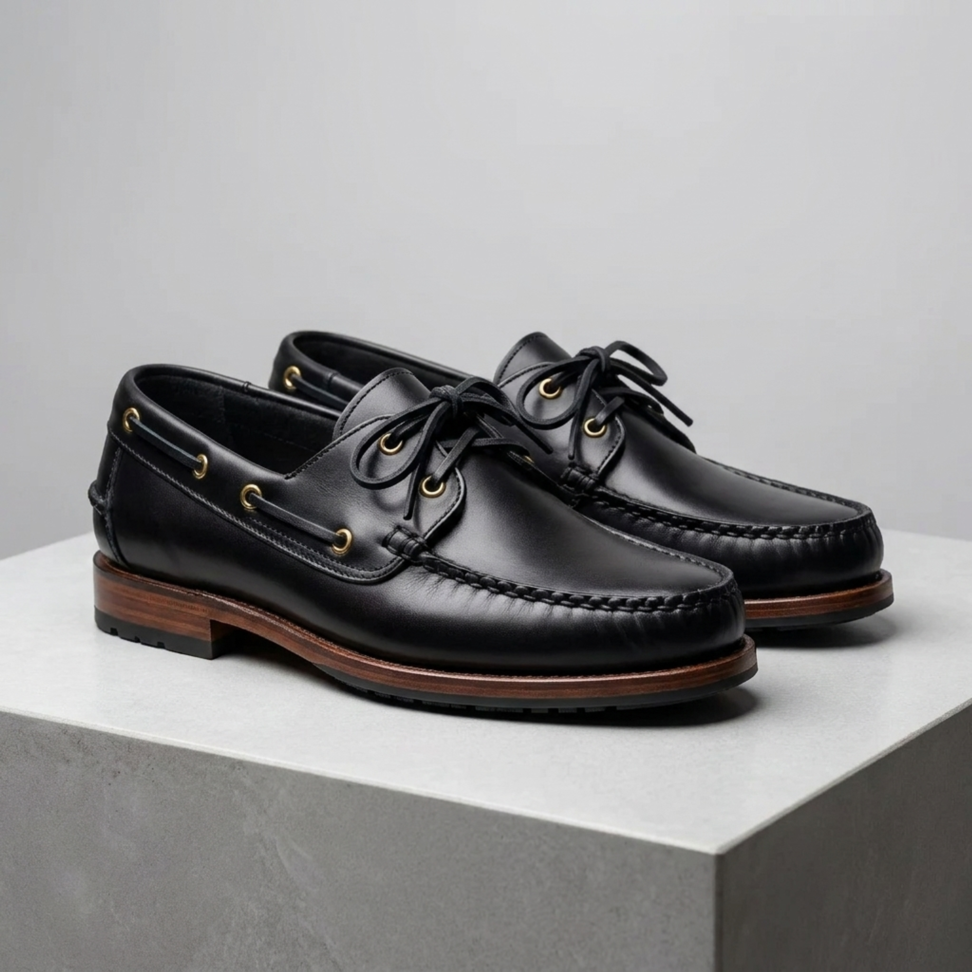 Black Leather Levante Boat Shoe with Natural Rubber Sole