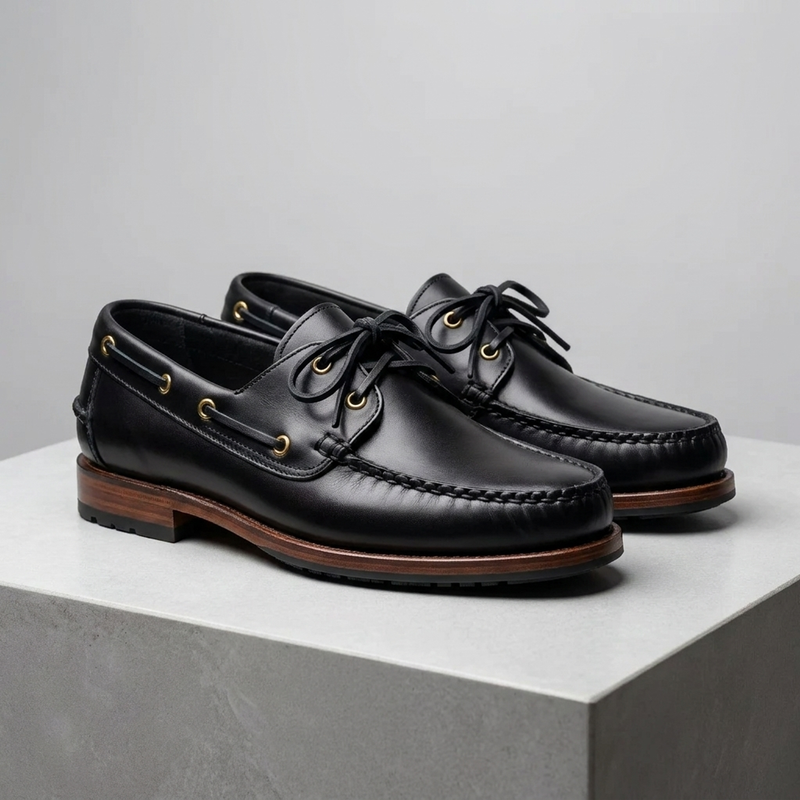 Height Increasing Black Leather Levante Boat Shoe with Natural Rubber Sole - 3 Inch Hidden Heel