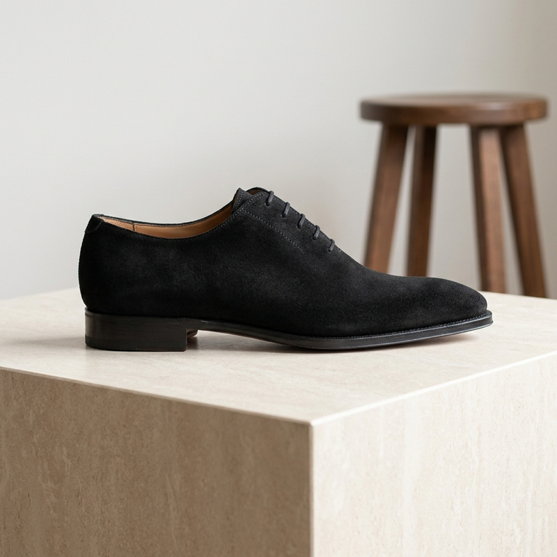 Height Increasing Black Leather Libeccio Whole Cut Oxford with Natural Leather Sole - 3 Inch Hidden Heel