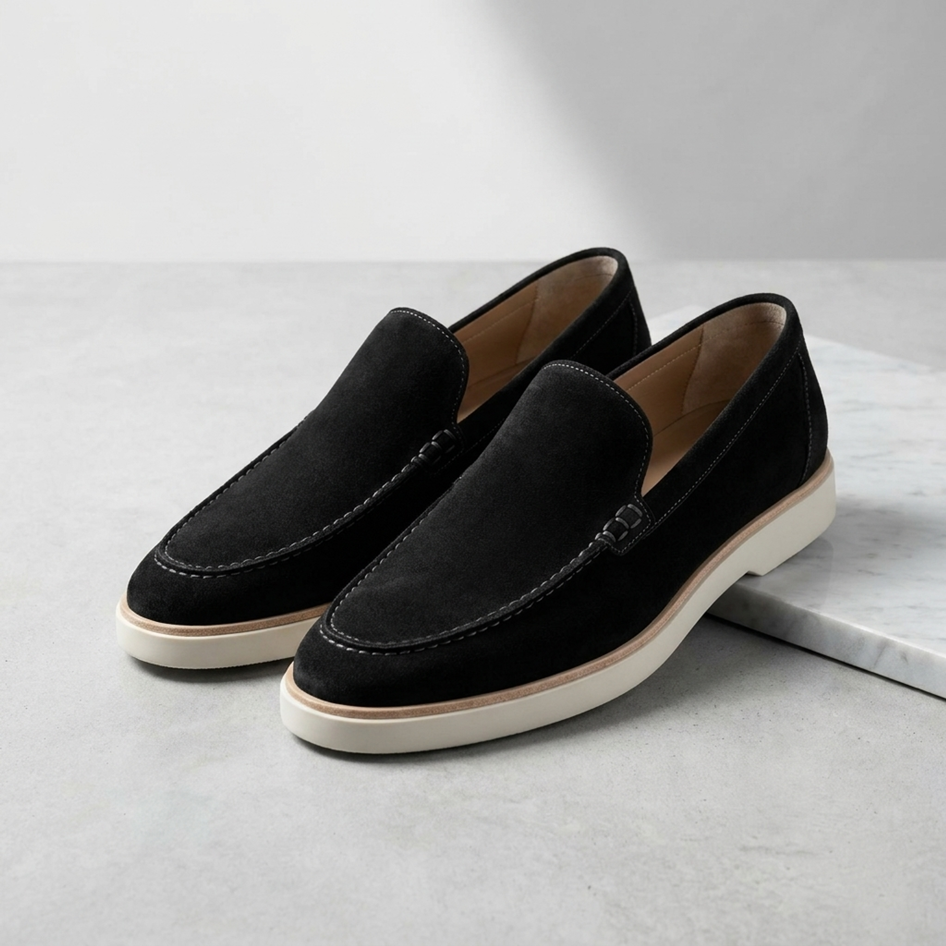 Black Leather Mildew Loafer with White Yacht Sole
