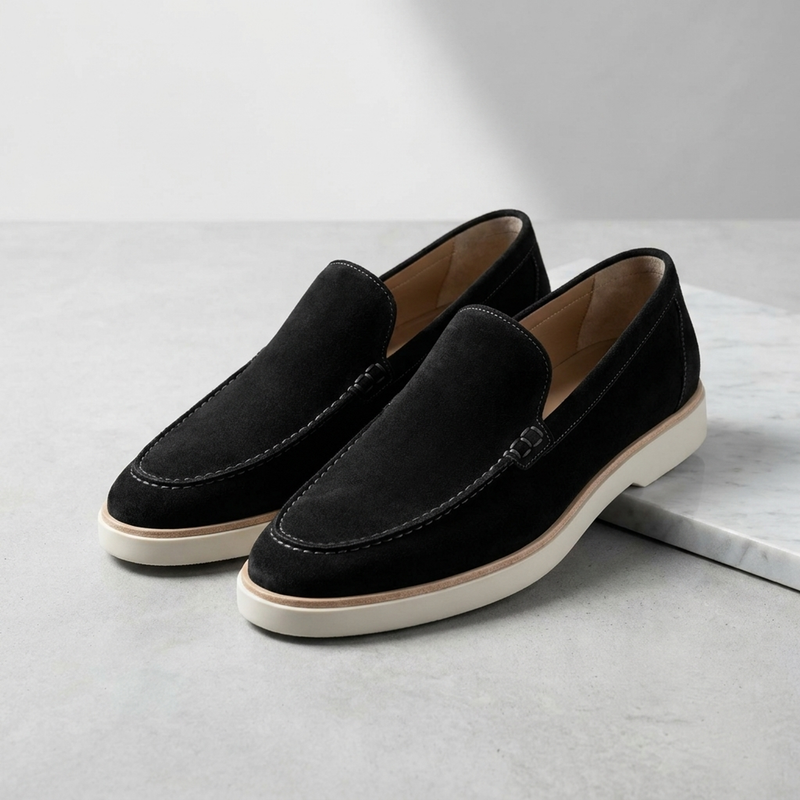 Height Increasing Black Leather Mildew Loafer with White Yacht Sole - 3 Inch Hidden Heel