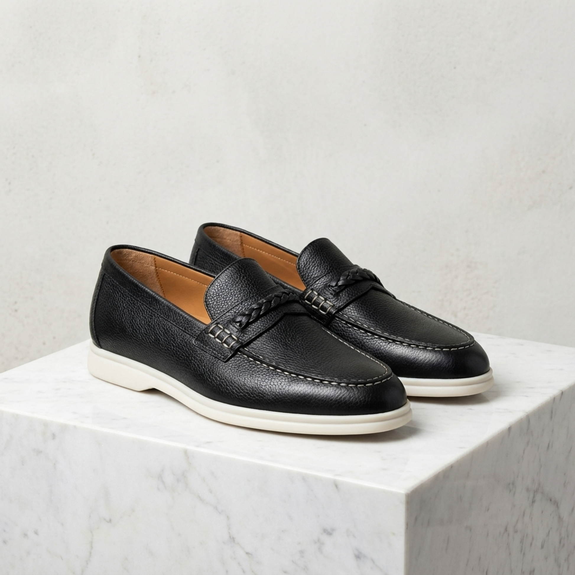 Black Leather Mildew Loafer with White Yacht Sole