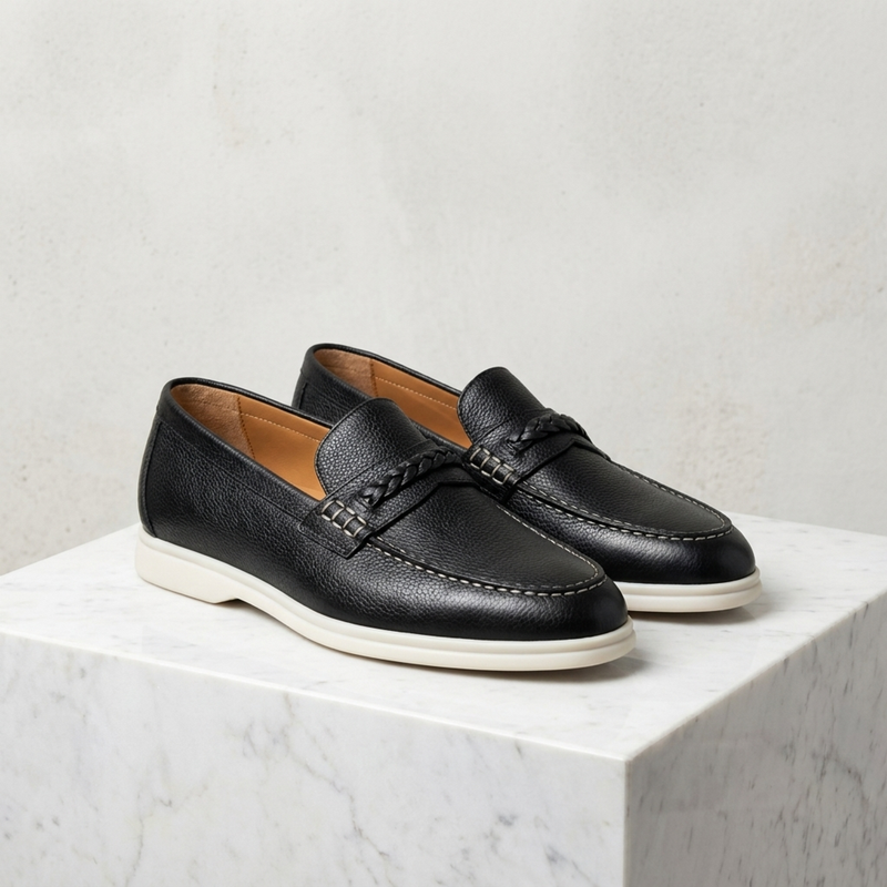 Height Increasing Black Leather Mildew Loafer with White Yacht Sole - 3 Inch Hidden Heel