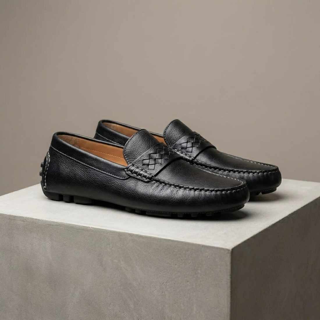 Height Increasing Black Leather Ponente Driving Shoe with Pebble Rubber Sole - 3 Inch Hidden Heel