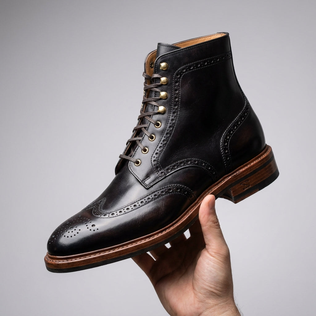 Height Increasing Black Leather Scirocco Boot with Natural Leather Sole - 3 Inch Hidden Heel