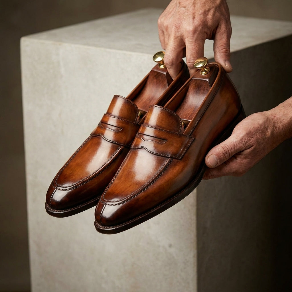 Height Increasing Brown Leather Garbin Penny Loafer with Natural Leather Sole - 3 Inch Hidden Heel