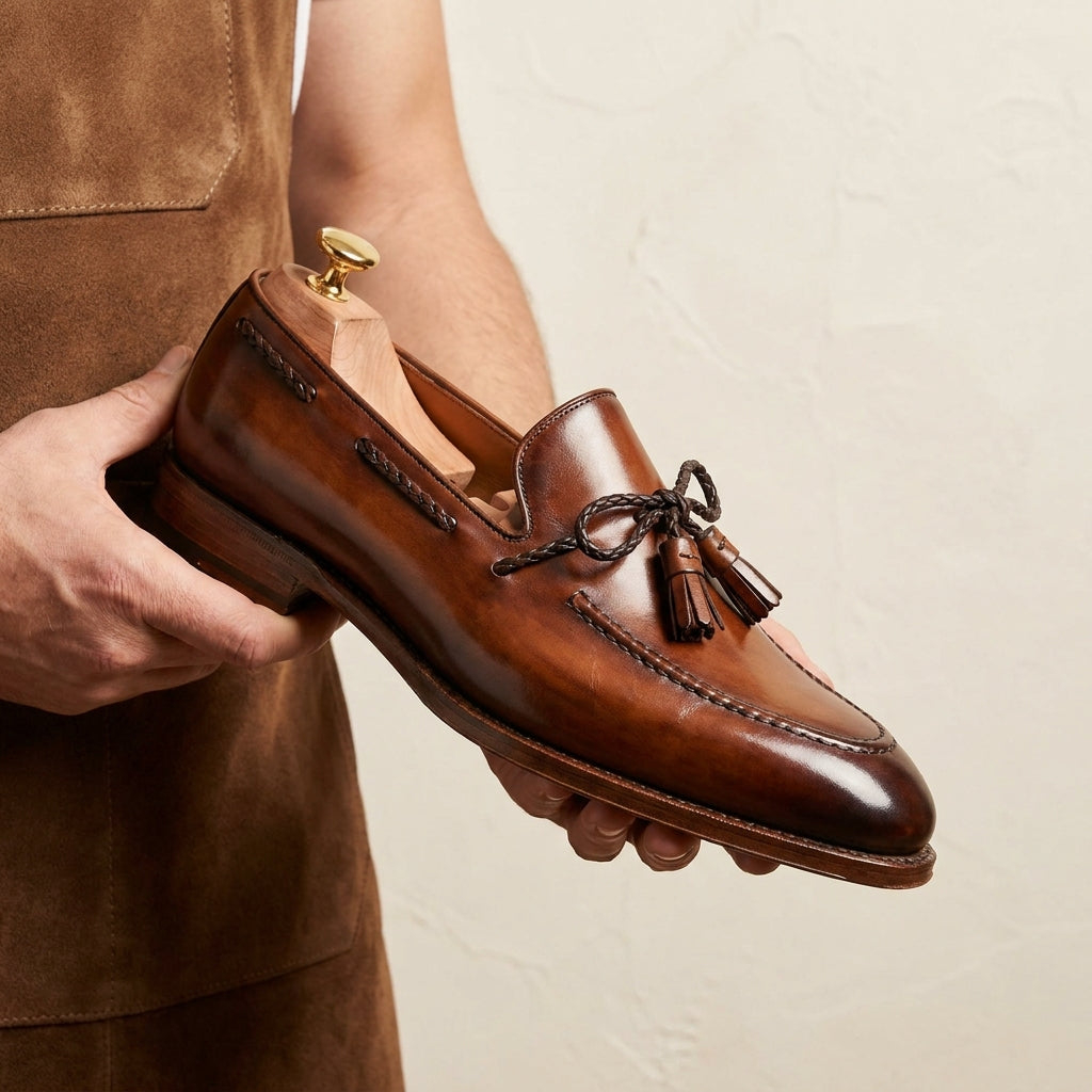 Height Increasing Brown Patina Calf Favonio Tassel Loafer with Natural Leather Sole - 3 Inch Hidden Heel