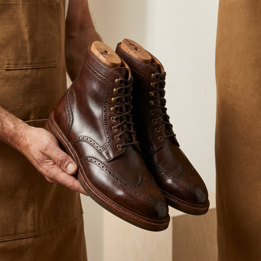 Brown Patina Calf Favonio Wingtip Brogue Ankle Boot with Natural Leather Sole