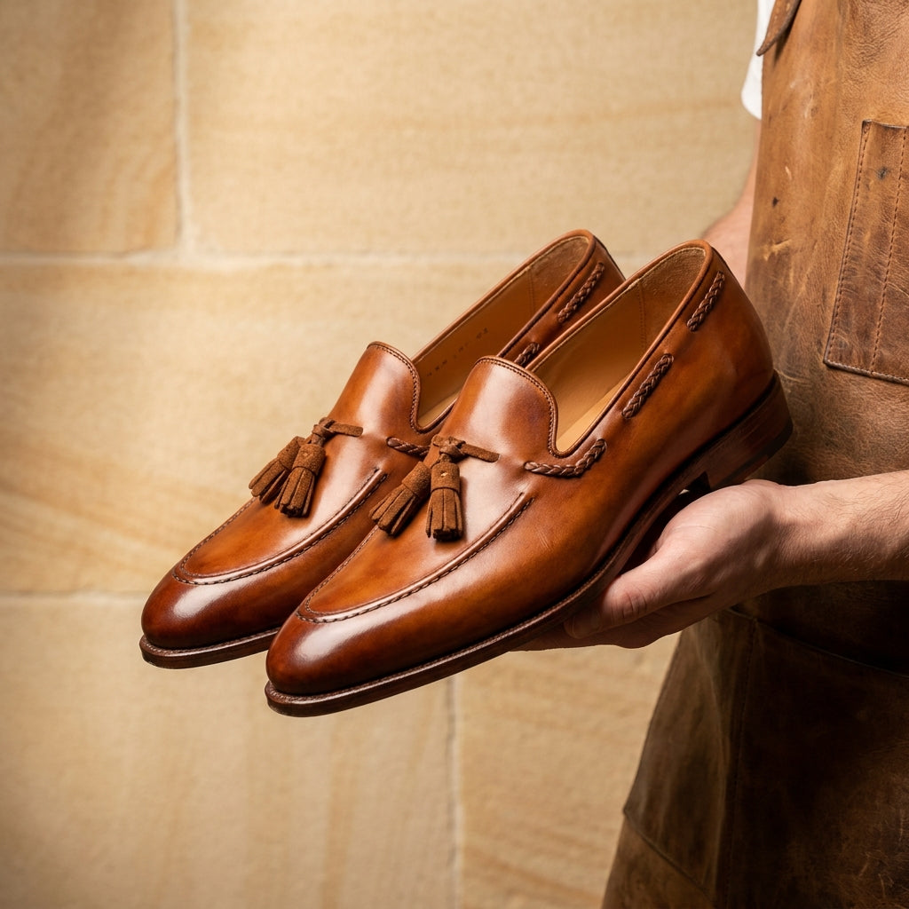 Brown Patina Calf Favonio Tassel Loafer with Natural Leather Sole