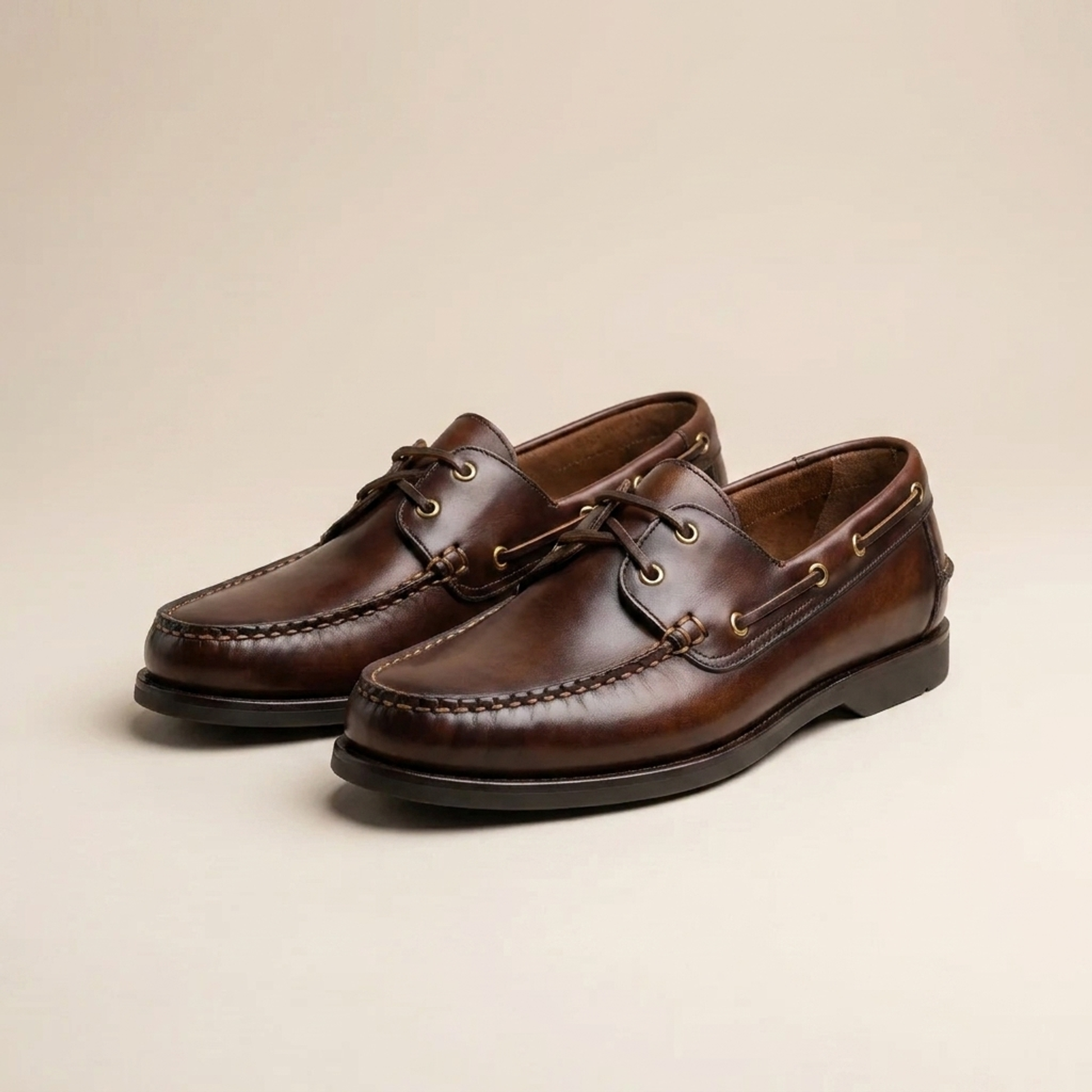 Height Increasing Brown Patina Calf Levante Boat Shoe with Natural Rubber Sole - 3 Inch Hidden Heel