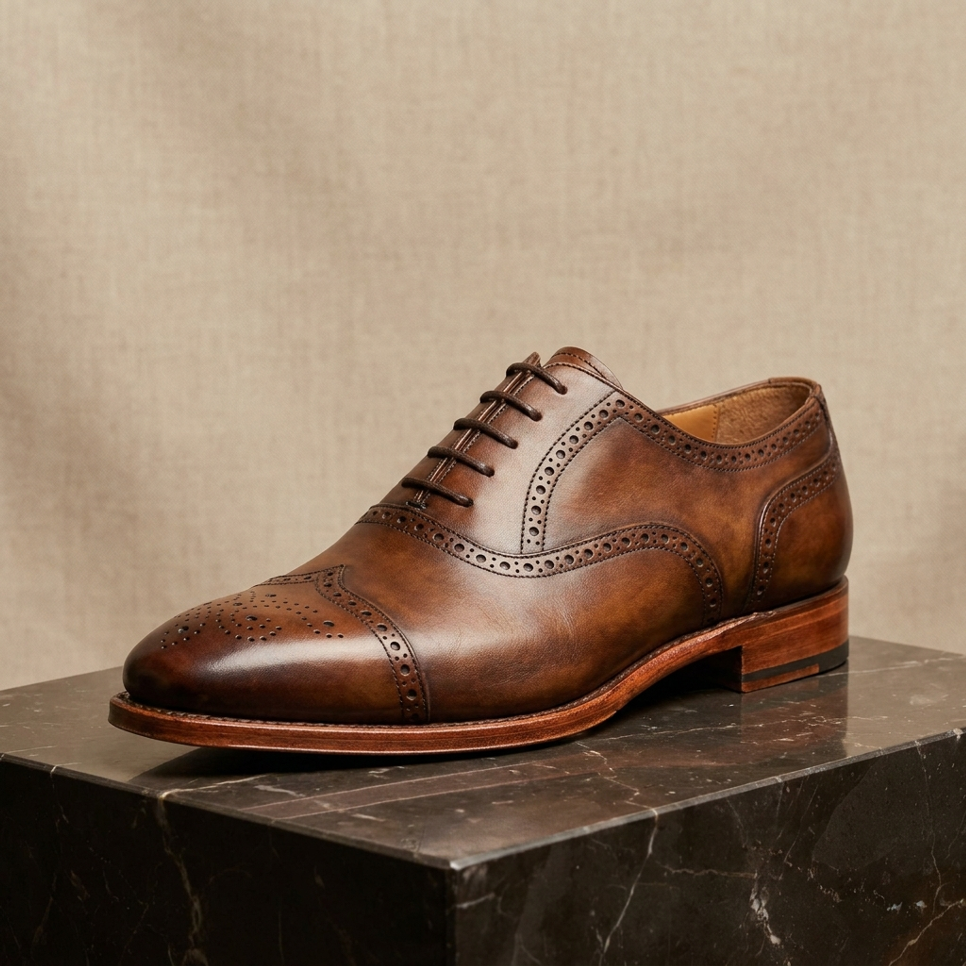 Height Increasing Brown Patina Calf Libeccio Whole Cut Oxford with Natural Leather Sole - 3 Inch Hidden Heel