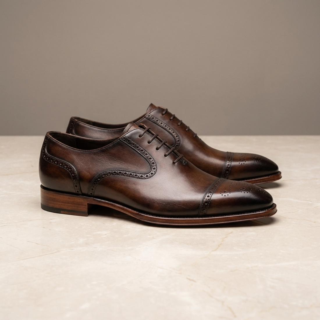 Dark Brown Patina Calf Terracina Cap-Toe Oxford with Natural Leather Sole
