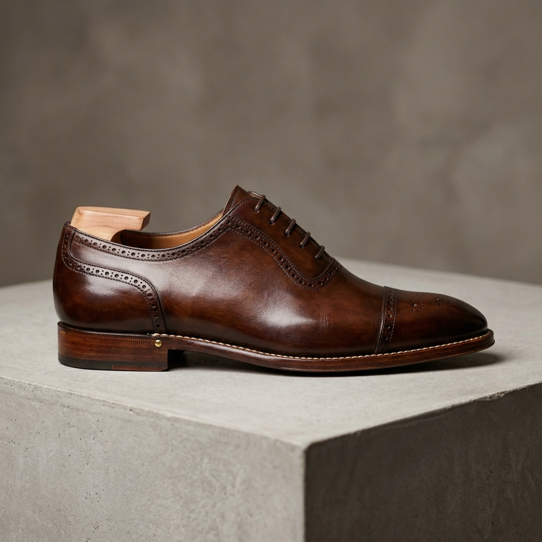 Dark Brown Patina Calf Anzio Cap-Toe Oxford with Natural Leather Sole