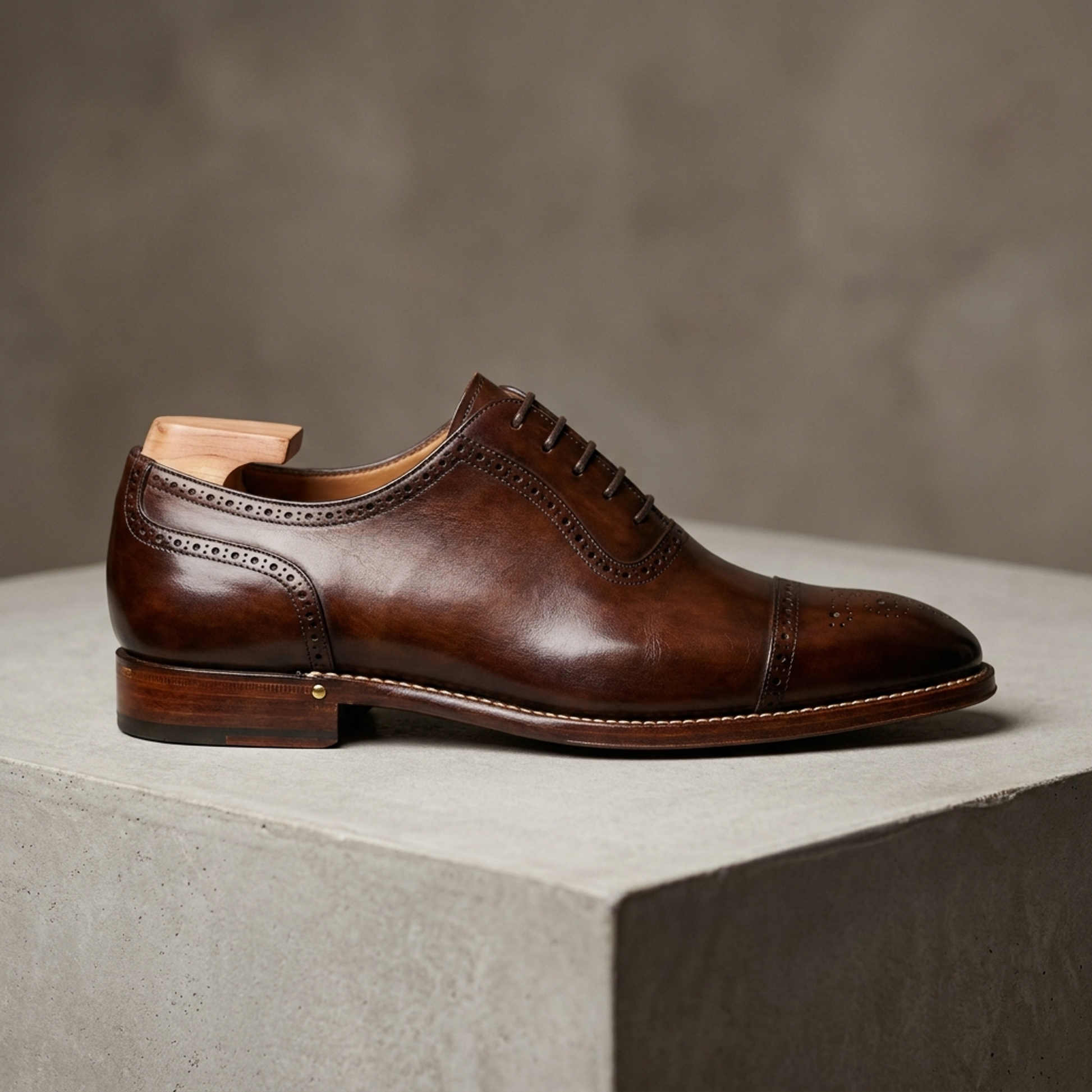 Height Increasing Brown Patina Calf Libeccio Whole Cut Oxford with Natural Leather Sole - 3 Inch Hidden Heel