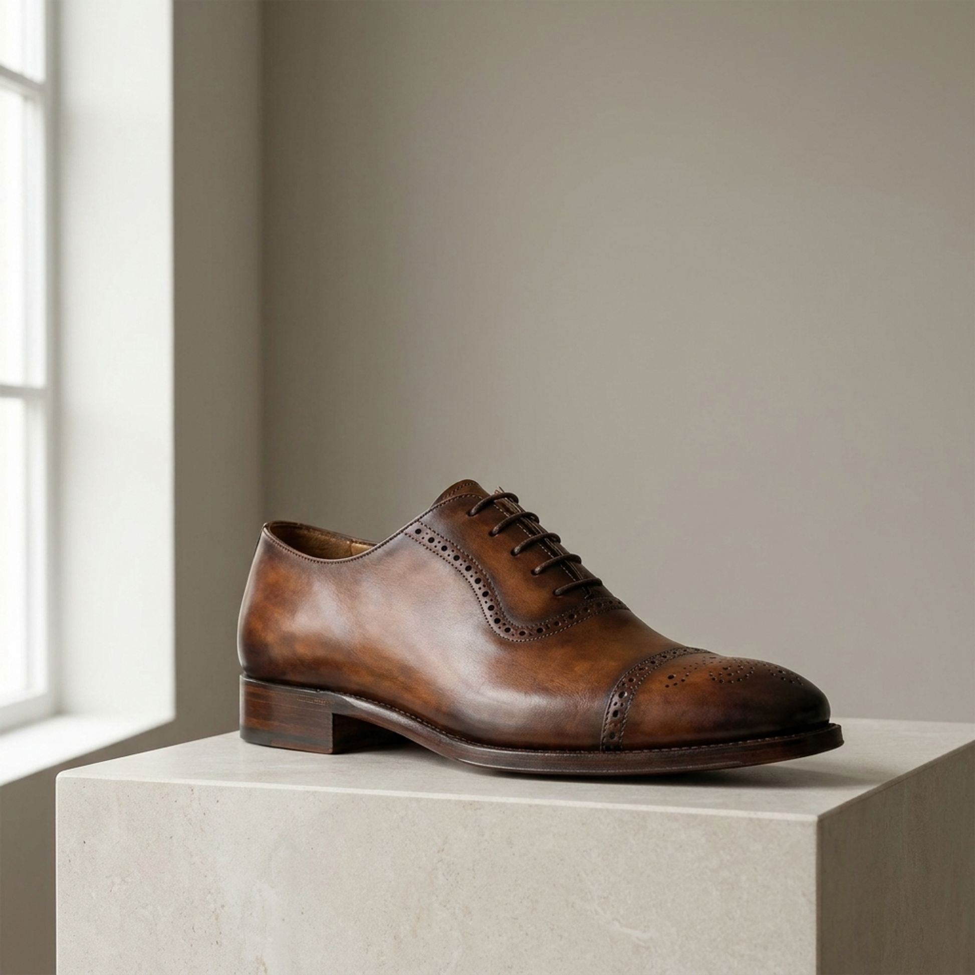 Height Increasing Brown Patina Calf Libeccio Whole Cut Oxford with Natural Leather Sole - 3 Inch Hidden Heel
