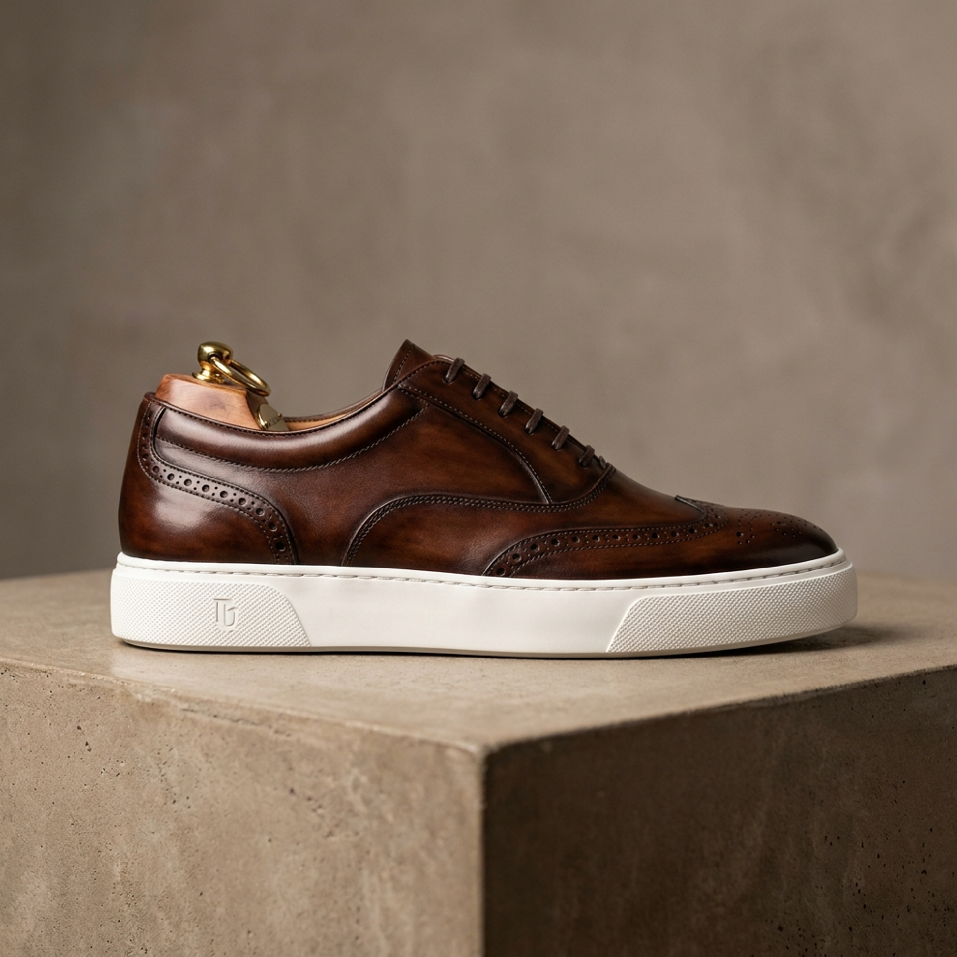 Height Increasing Brown Patina Calf Maestrale Sneaker with White Cup Sole - 3 Inch Hidden Heel