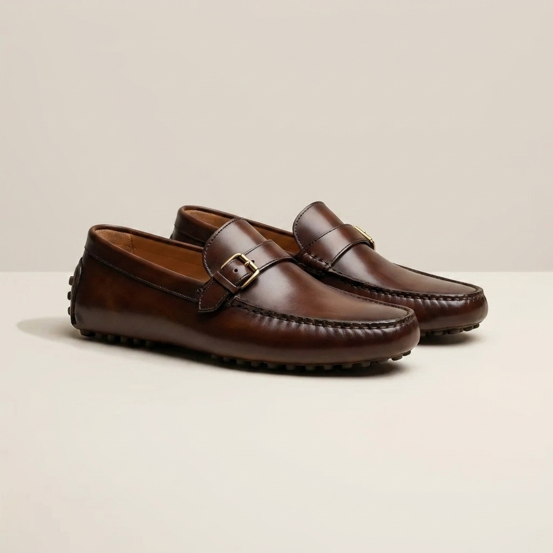 Height Increasing Brown Patina Calf Ponente Driving Shoe with Pebble Rubber Sole - 3 Inch Hidden Heel