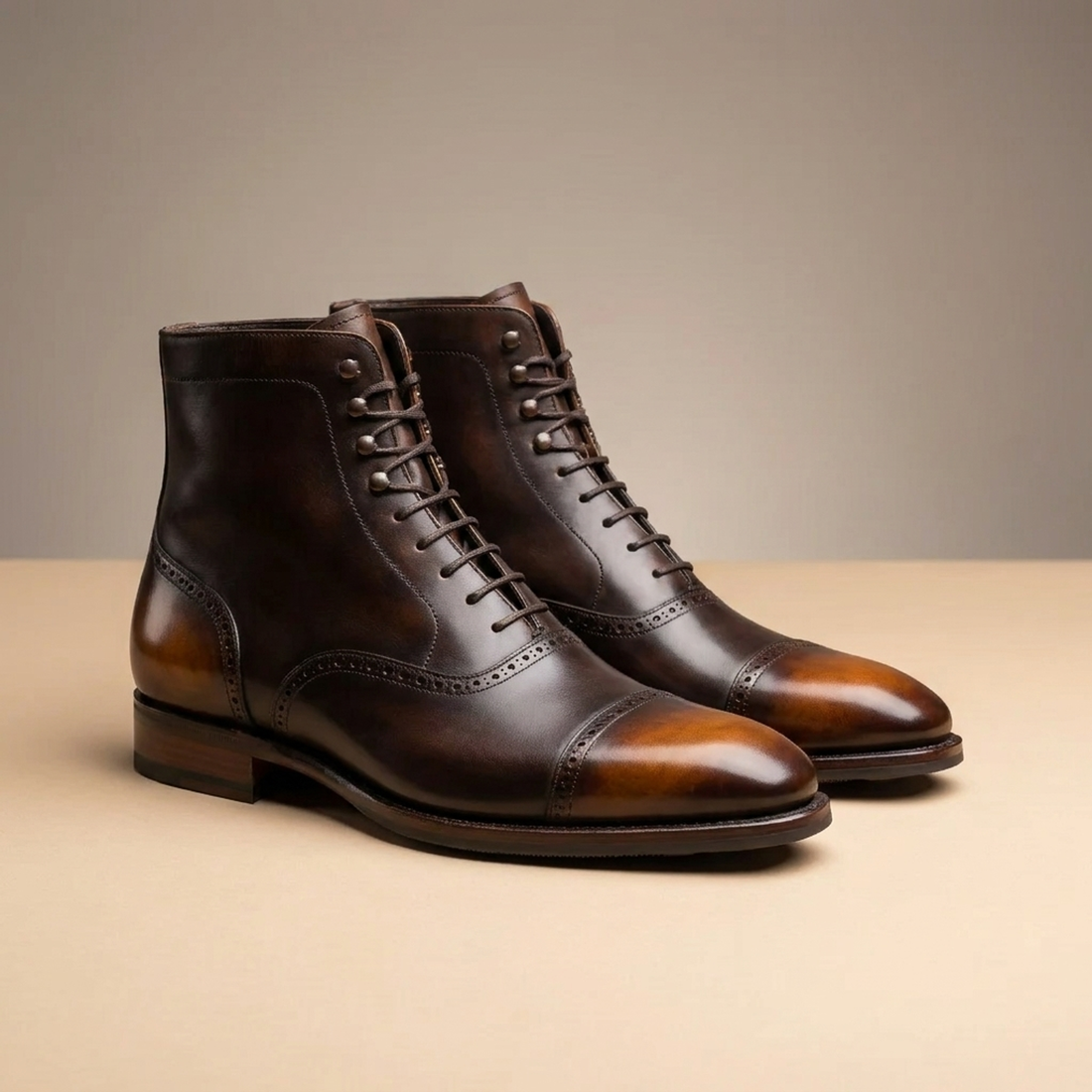 Height Increasing Brown Patina Calf Scirocco Wingtip Lace-Up Boot with Natural Leather Sole - 3 Inch Hidden Heel