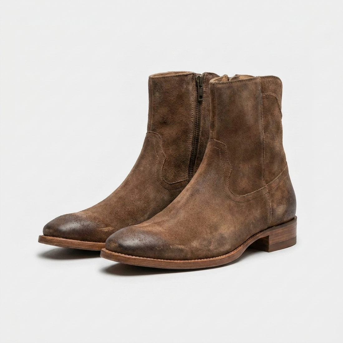 Height Increasing Brown Suede Palinuro Zip Boot with Natural Leather Sole - 3 Inch Hidden Heel