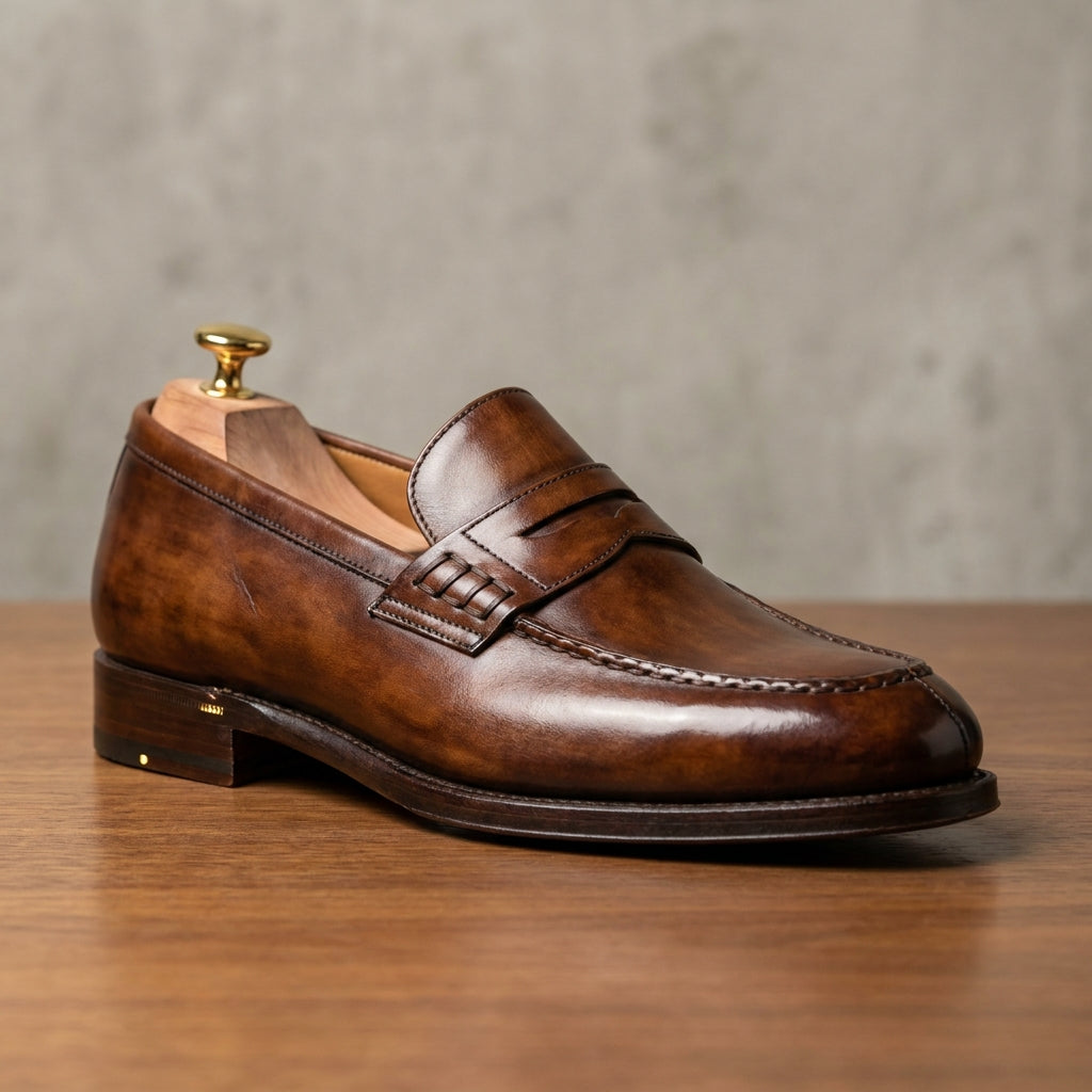 Height Increasing Brown Patina Calf Solaro Horse Bit Loafer with Natural Leather Sole - 3 Inch Hidden Heel