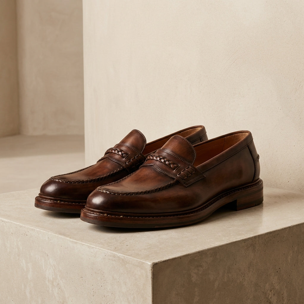 Height Increasing Brown Patina Calf Solaro Horse Bit Loafer with Natural Leather Sole - 3 Inch Hidden Heel