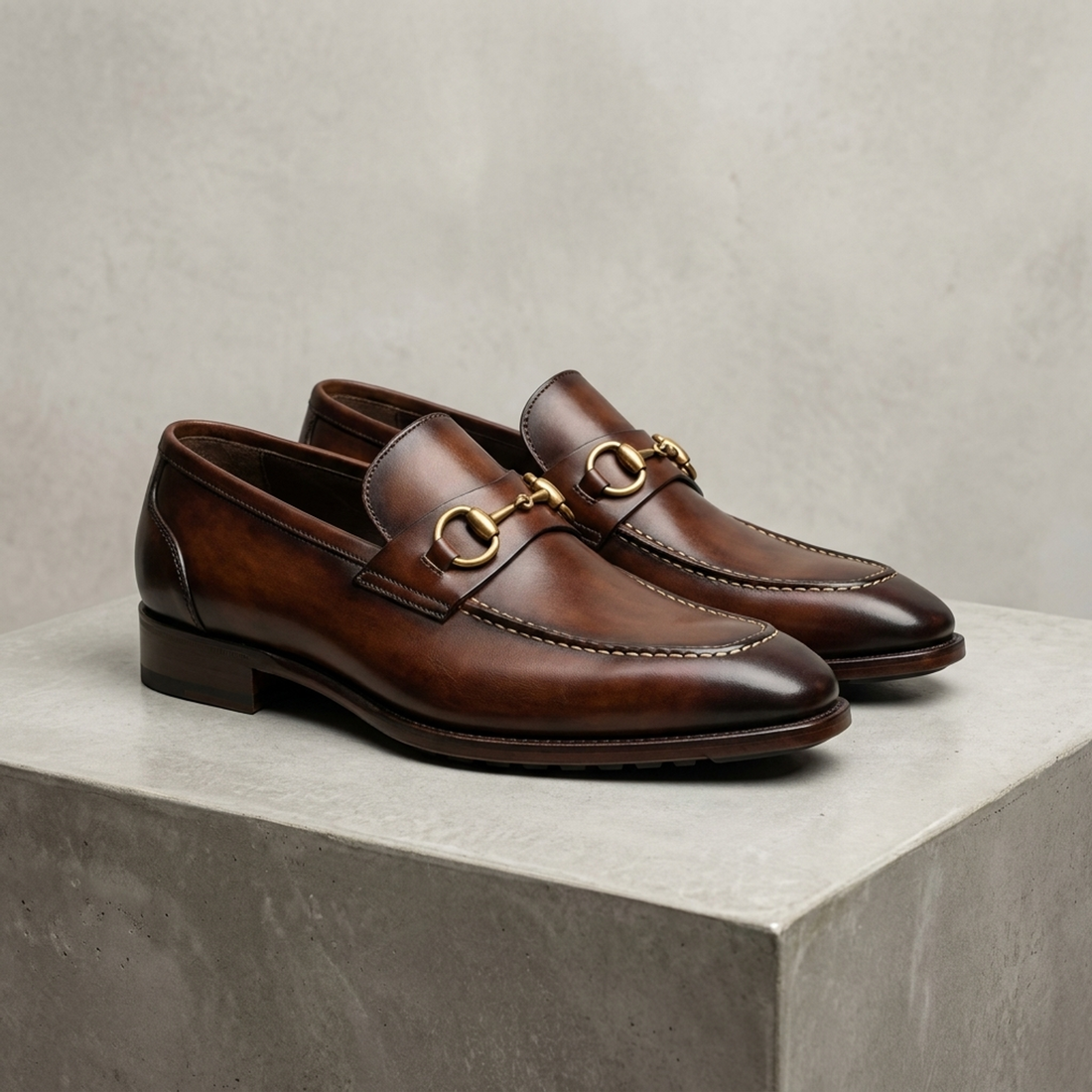 Height Increasing Tan Patina Calf Peschici Horse Bit Loafer with Natural Leather Sole - 3 Inch Hidden Heel
