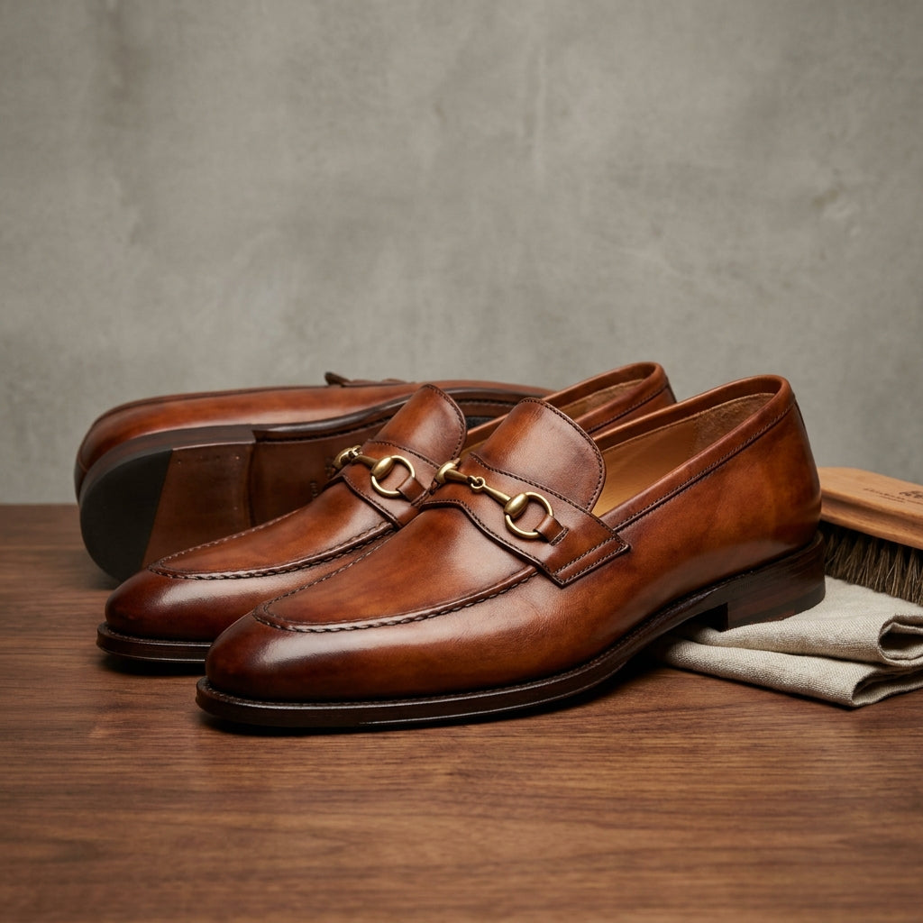 Brown Patina Calf Solaro Horse Bit Loafer with Natural Leather Sole