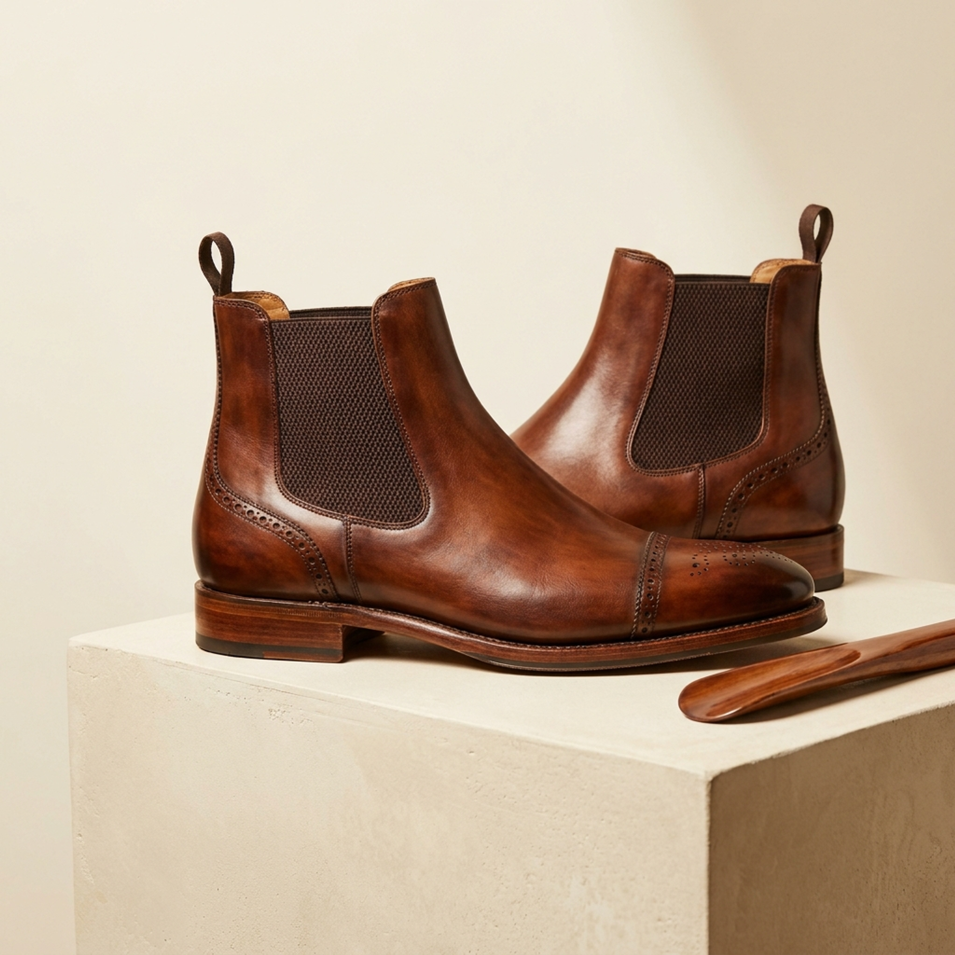 Height Increasing Brown Patina Calf Tramontana Chelsea Boot with Natural Leather Sole - 3 Inch Hidden Heel