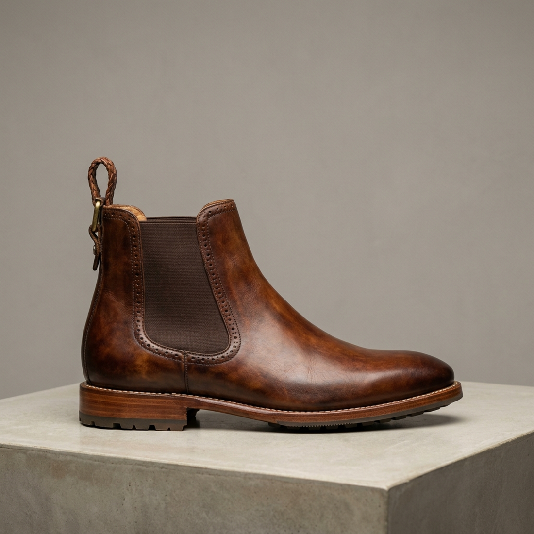 Brown Patina Calf Termoli Chelsea Boot with Pebble Rubber Sole
